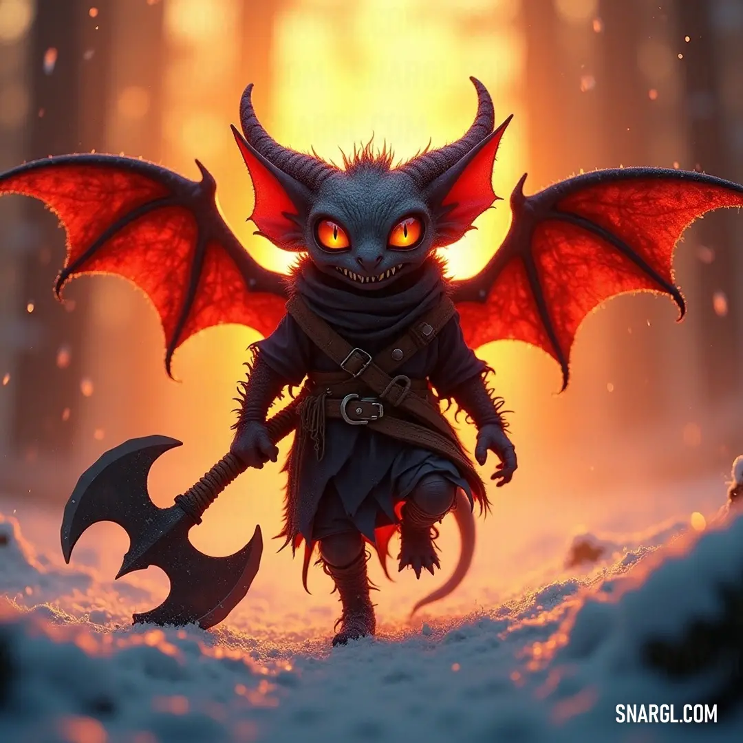 An intriguing portrayal of Flik, with his horned headgear and a large red bat, revealing a remarkable friendship in a fantastical world. Flik, adorned with a horned headdress, confidently carries a large red bat on his back. The unusual duo stands in a vibrant landscape filled with surprises, showcasing their unique bond amidst plant life and mystical energies surrounding them.