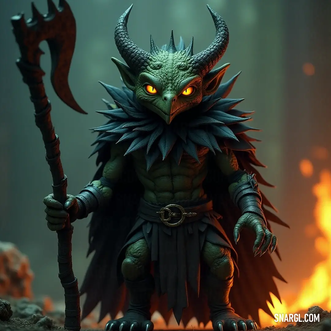 A bold Flik with a horned head and staff stands prominently in front of a fiery background, its fierce presence radiating confidence and strength while drawing attention to the vibrant flames that dance behind it.