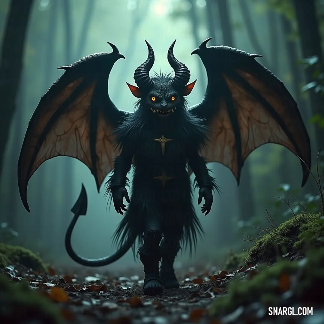 Majestic black Flimflam amidst a vibrant forest setting. A captivating black Flimflam figure stands proudly in a lush forest, surrounded by an array of leaves and trees. Its bold horns and striking form are accentuated against the vibrant colors of nature, telling stories of magic and adventure.