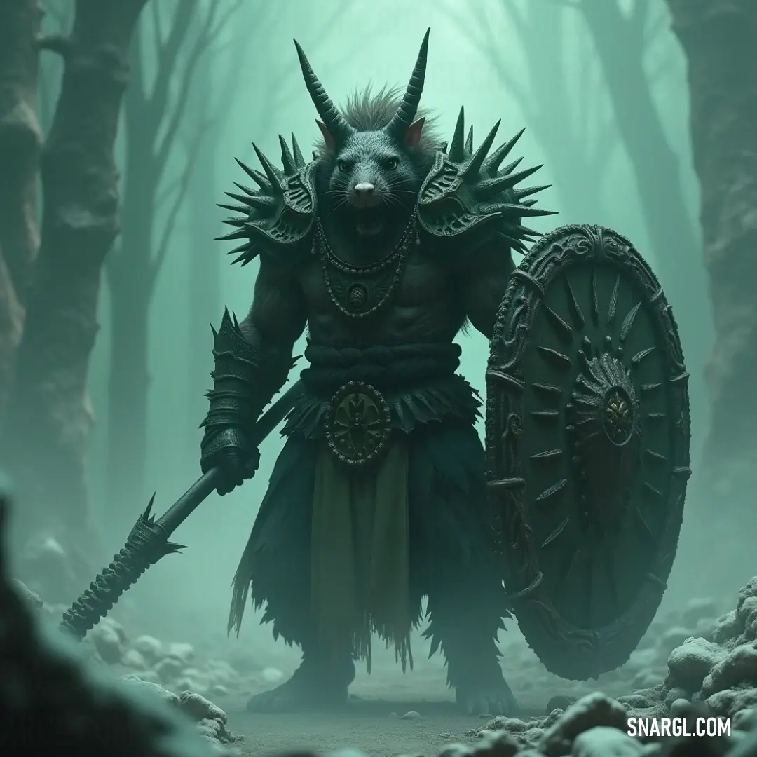 Flink, with horns and a horned headpiece, gripping a large wheel, standing tall in a foggy forest that seems frozen in time. Flink, adorned with horns and a striking horned headpiece, holds a massive wheel in one hand. The foggy forest around him adds an air of mystery, while the trees create a sense of timelessness.