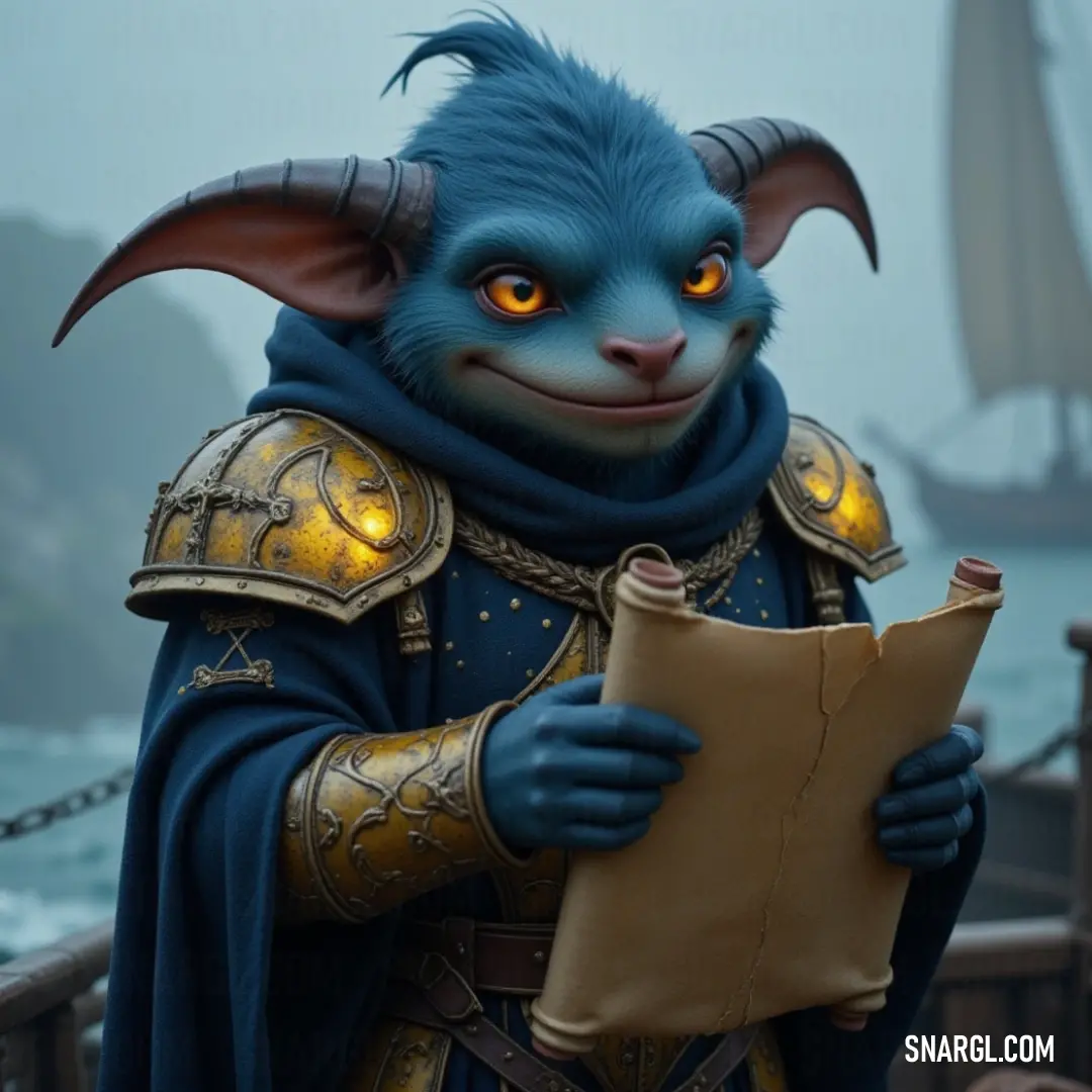 Blue Flitter, adorned in gleaming armor, holds a scroll, standing proudly before an enchanted pirate ship poised for adventure on the horizon, embodying the spirit of exploration and quest. Dressed in shimmering armor, Blue Flitter holds a piece of paper against a backdrop of an ethereal pirate ship, hinting at the promise of adventure amidst the vast oceans.