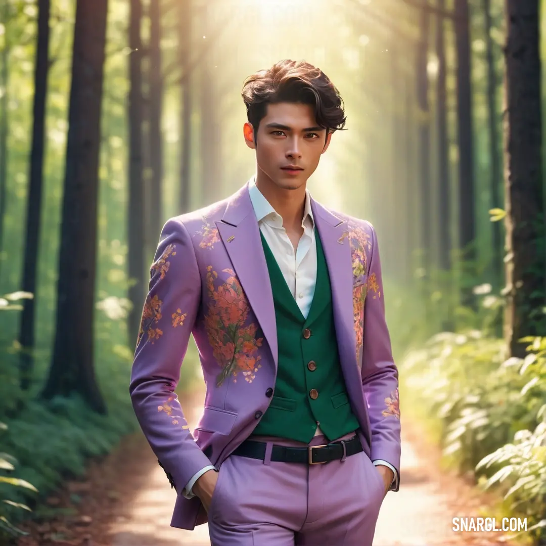 Man in a purple suit standing in the woods with his hands in his pockets