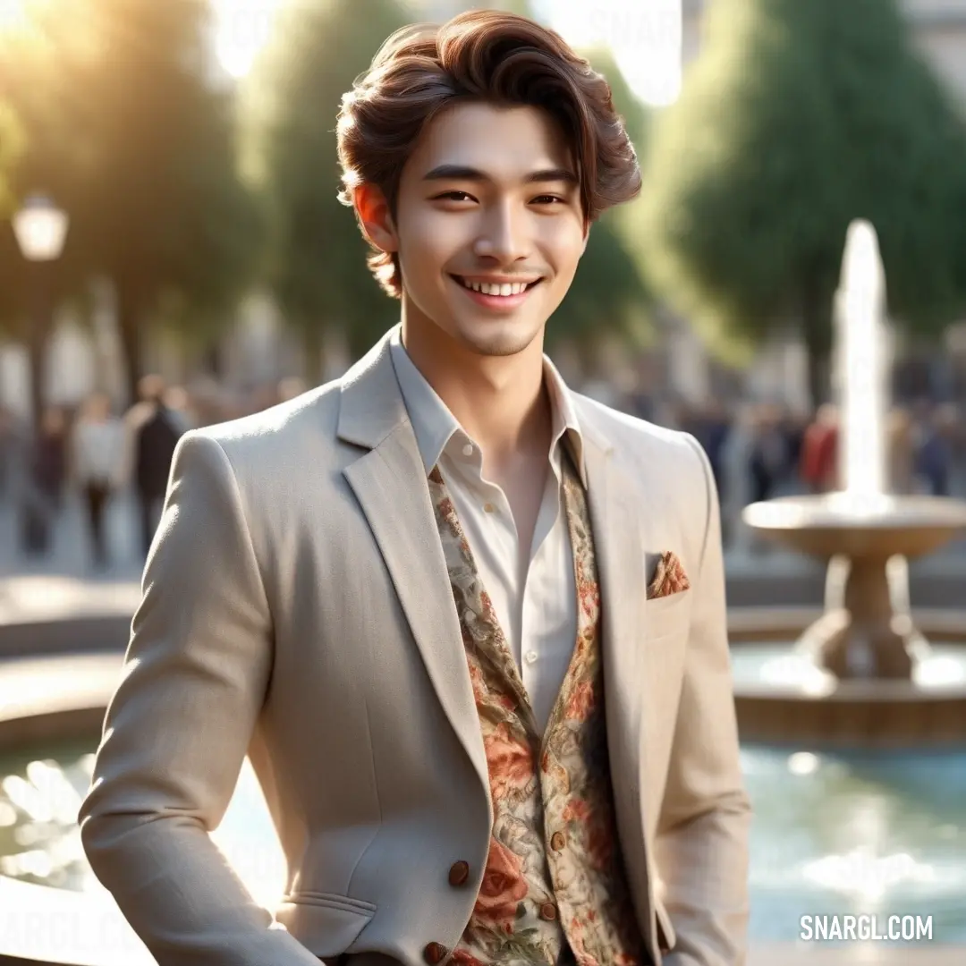 Man in a suit standing in front of a fountain smiling at the camera with his hands in his pockets