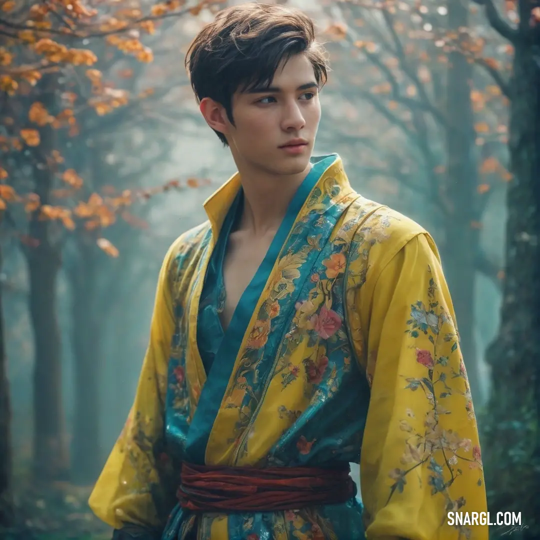 Man in a yellow and blue robe standing in a forest with trees and leaves in the background