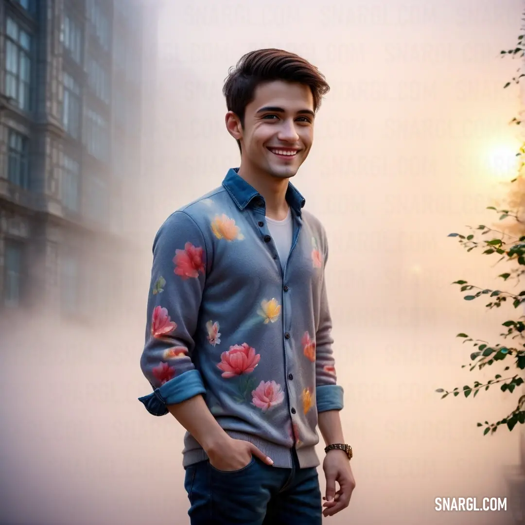 Man standing in front of a building with a flowered shirt on and a tree in the background