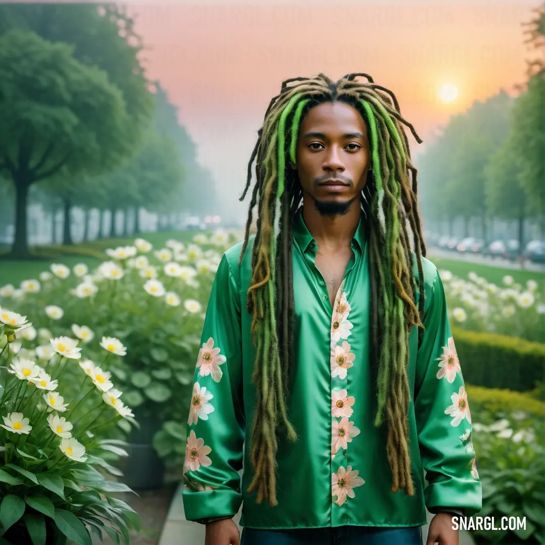 Man with dreadlocks standing in front of a field of flowers and trees with a sunset in the background