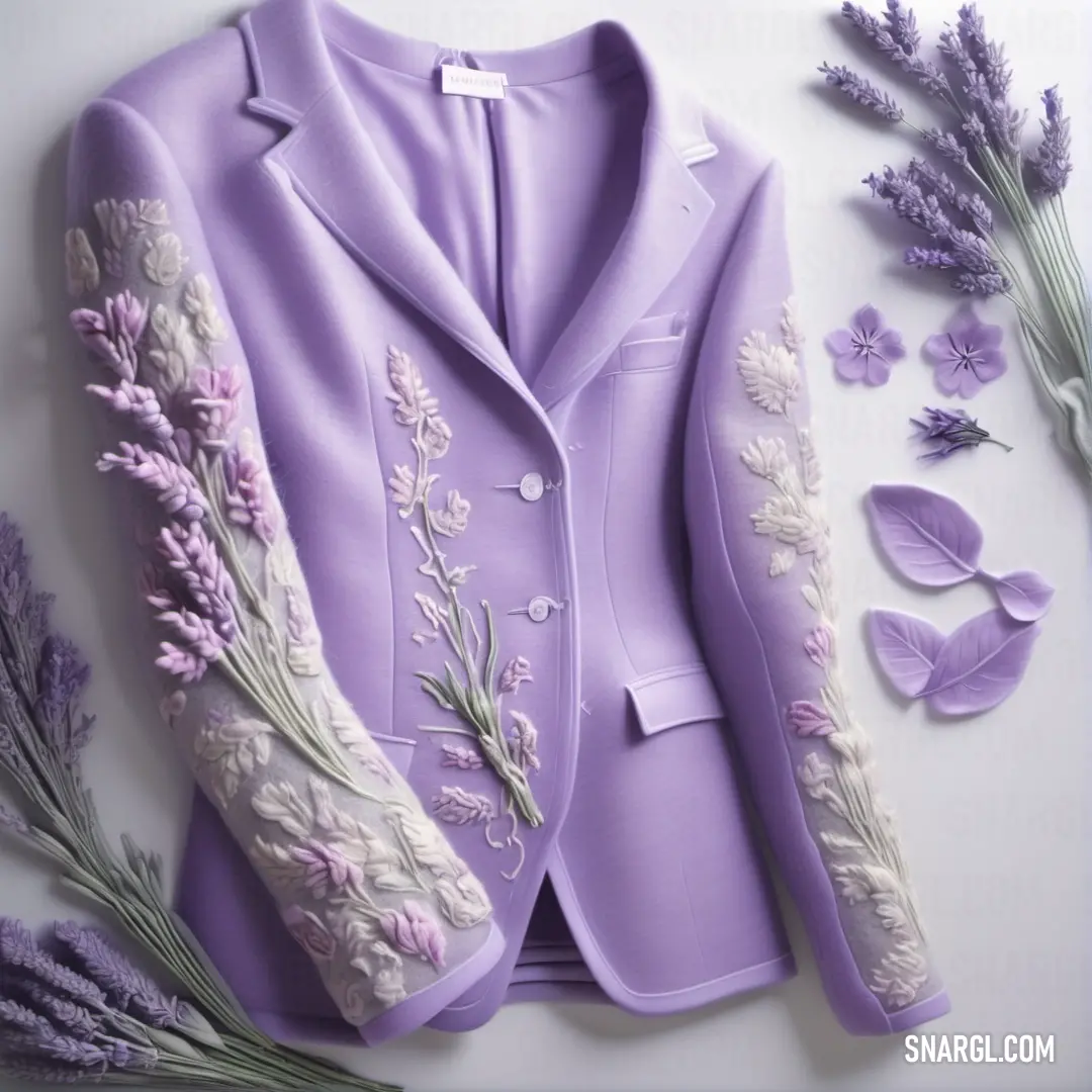 Purple jacket with flowers and a butterfly on it next to a flower arrangement and a pair of scissors