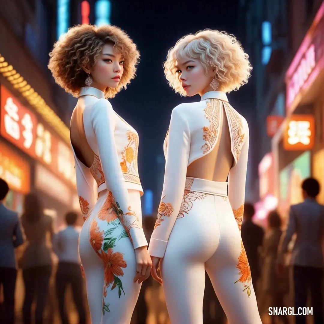Two women in white bodysuits standing in a city at night with neon lights and people in the background