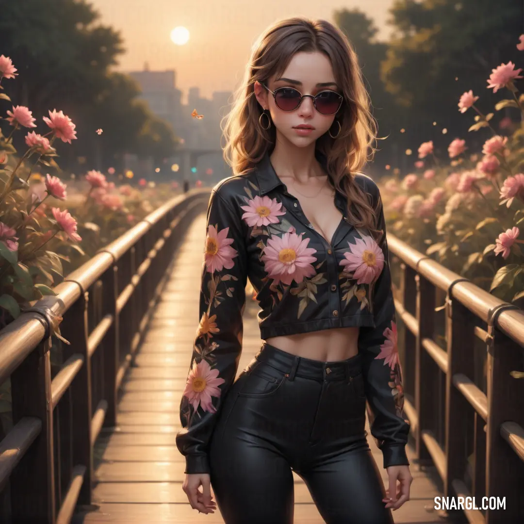 Woman in a black top and leather pants standing on a bridge with flowers in the background and a sun setting