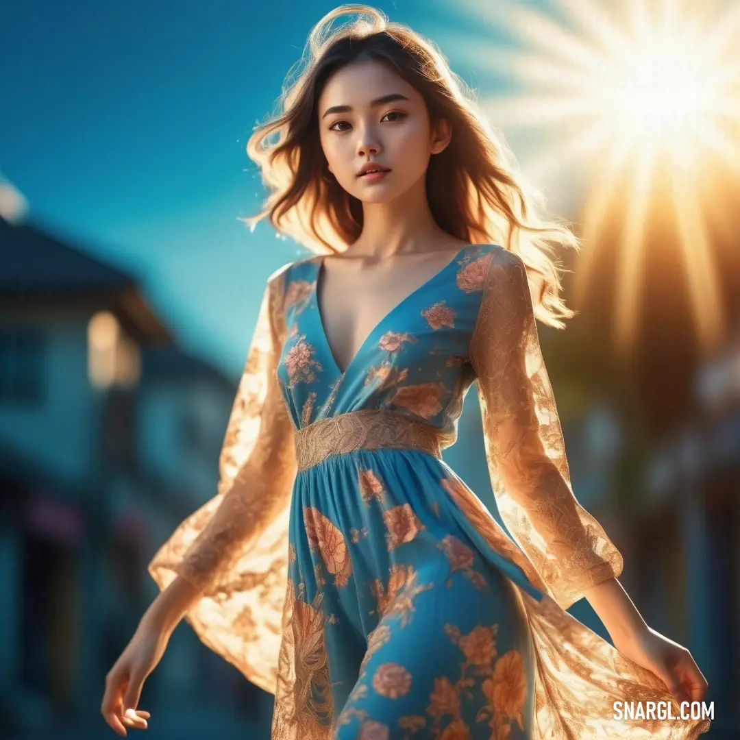 Woman in a blue dress is standing in the sun with her arms outstretched and her hands behind her back