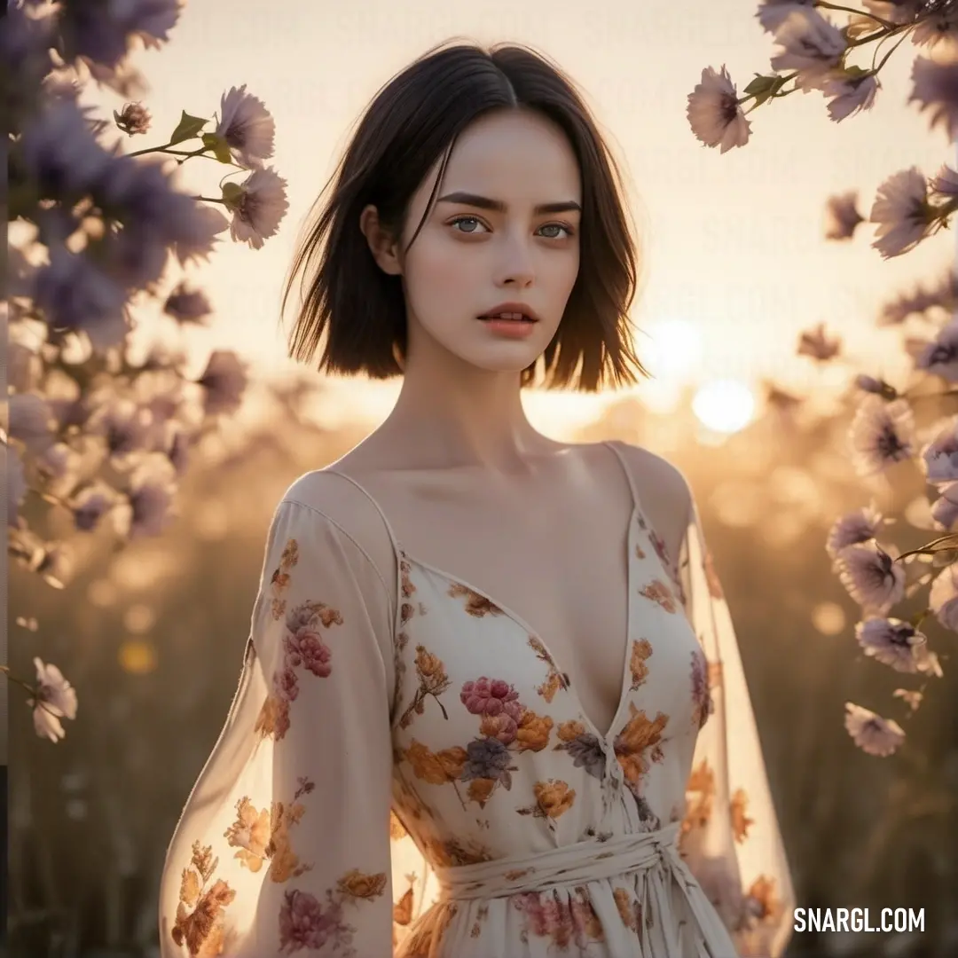 Woman in a floral dress standing in a field of flowers with the sun behind her