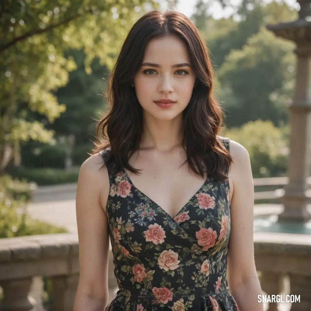 Woman in a floral dress standing in front of a fountain with trees and bushes in the background