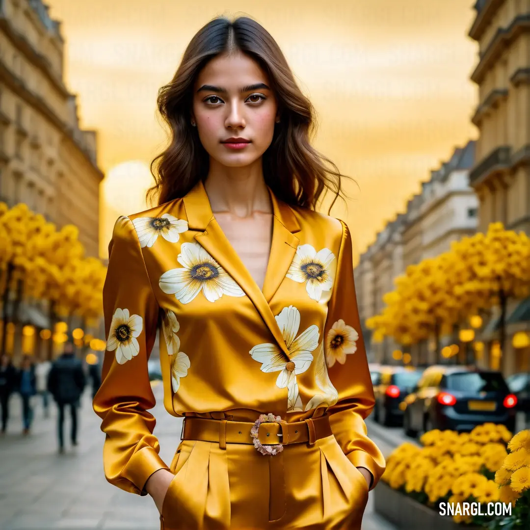 Woman in a yellow suit standing on a street with yellow flowers in the background