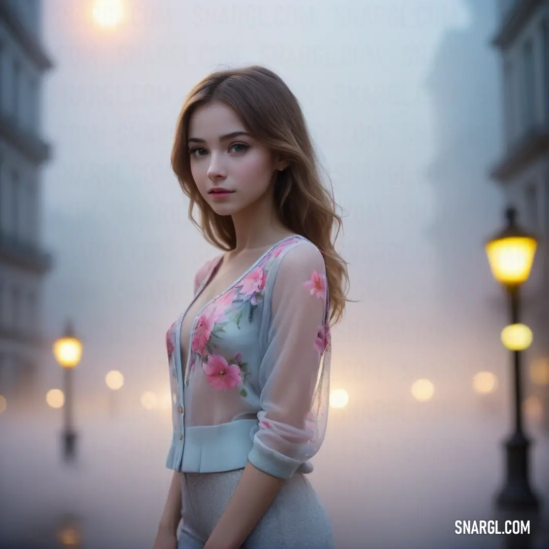 Woman standing in front of a street light with a flowered top on