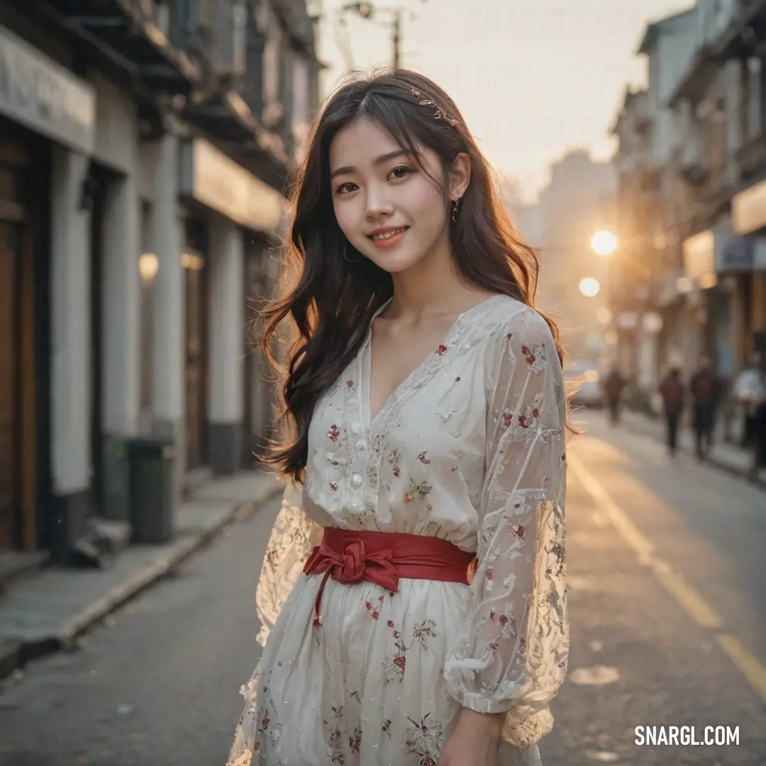 Woman standing on a street with a red belt around her waist and a white dress on her shoulders