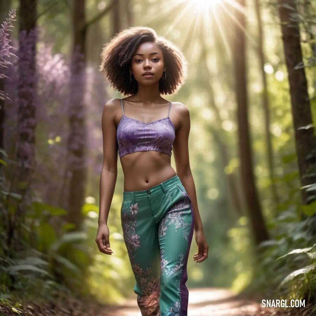 Woman walking down a dirt road in a forest with trees and flowers on it's sides and a bra top