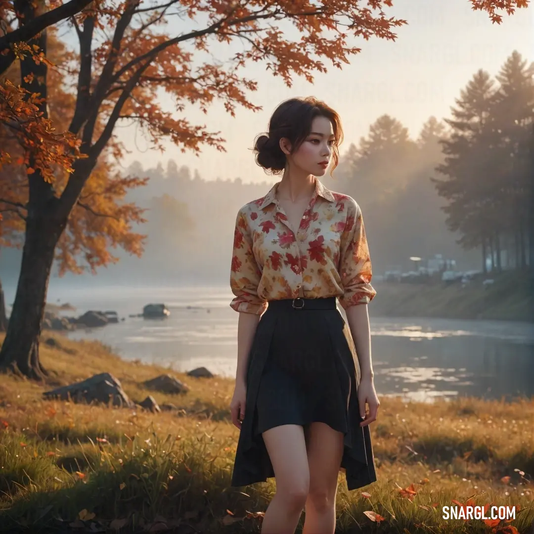 Woman walking in a field near a lake in the fall with a shirt on and a skirt on