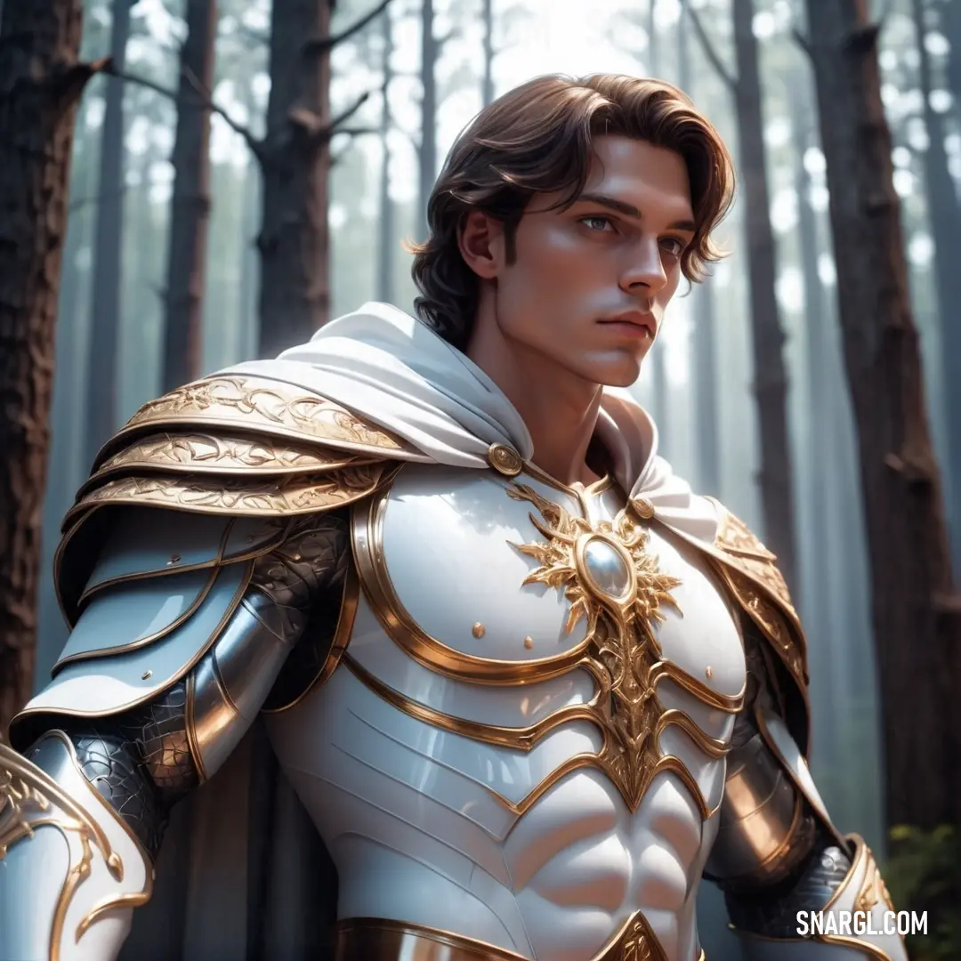 Floral white color. Man in a white and gold armor standing in a forest with trees in the background