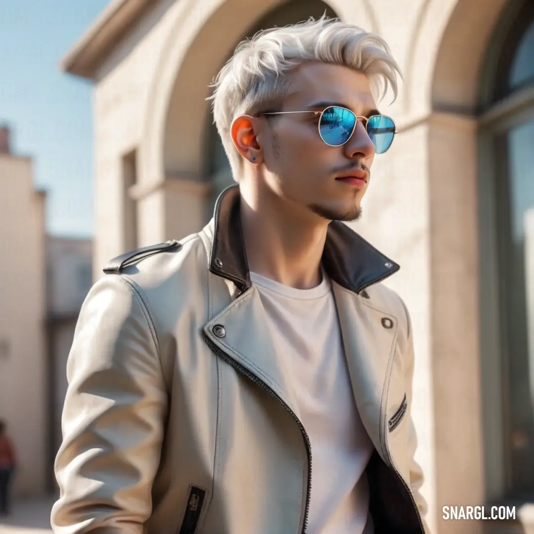 Man with a white hair wearing a leather jacket and sunglasses standing in front of a building with a blue sky. Color CMYK 0,2,6,0.