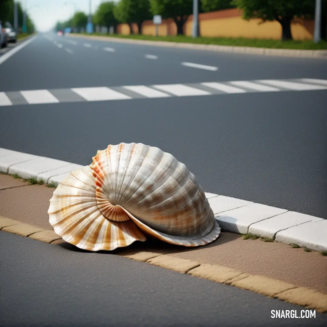 Shell is laying on the side of the road near a street sign. Color #FFFAF0.