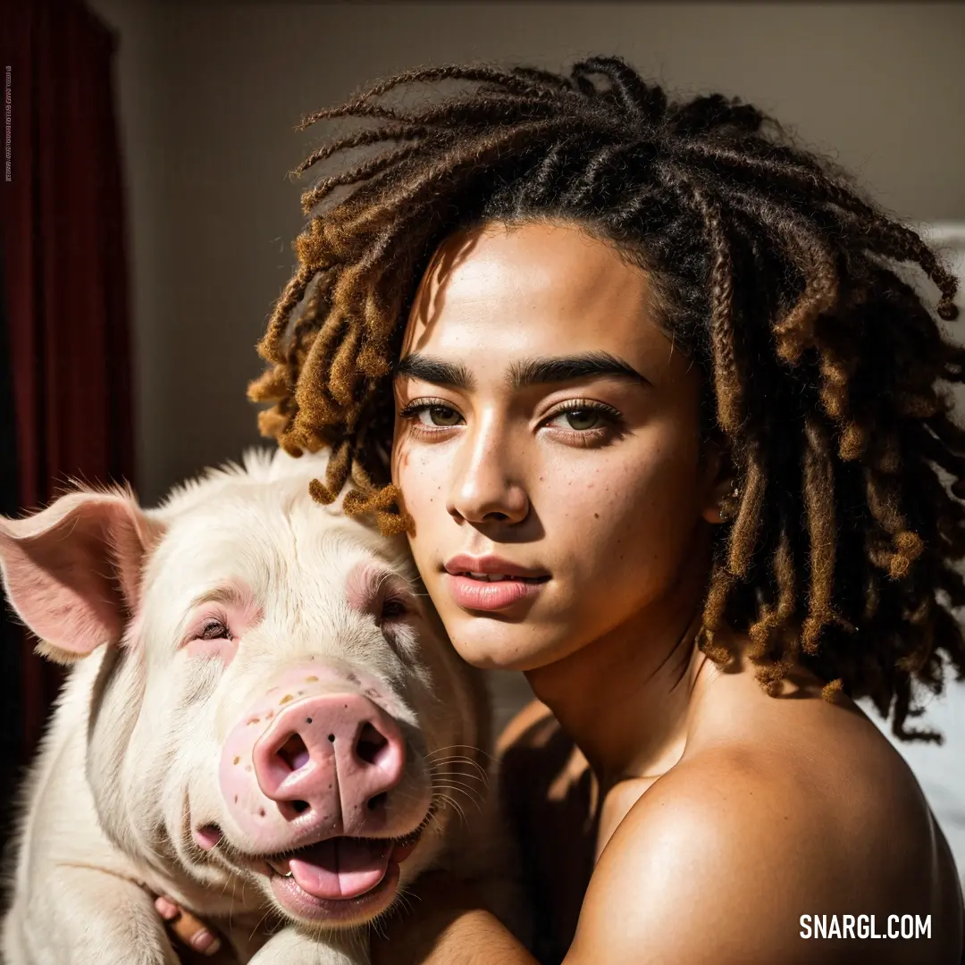 Woman holding a pig with dreadlocks on her head and a pig in her lap