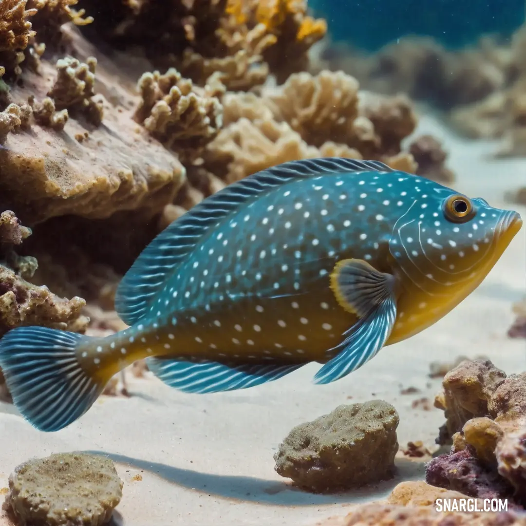 Blue and yellow fish swimming in a coral reef with rocks and corals around it and a coral reef in the background
