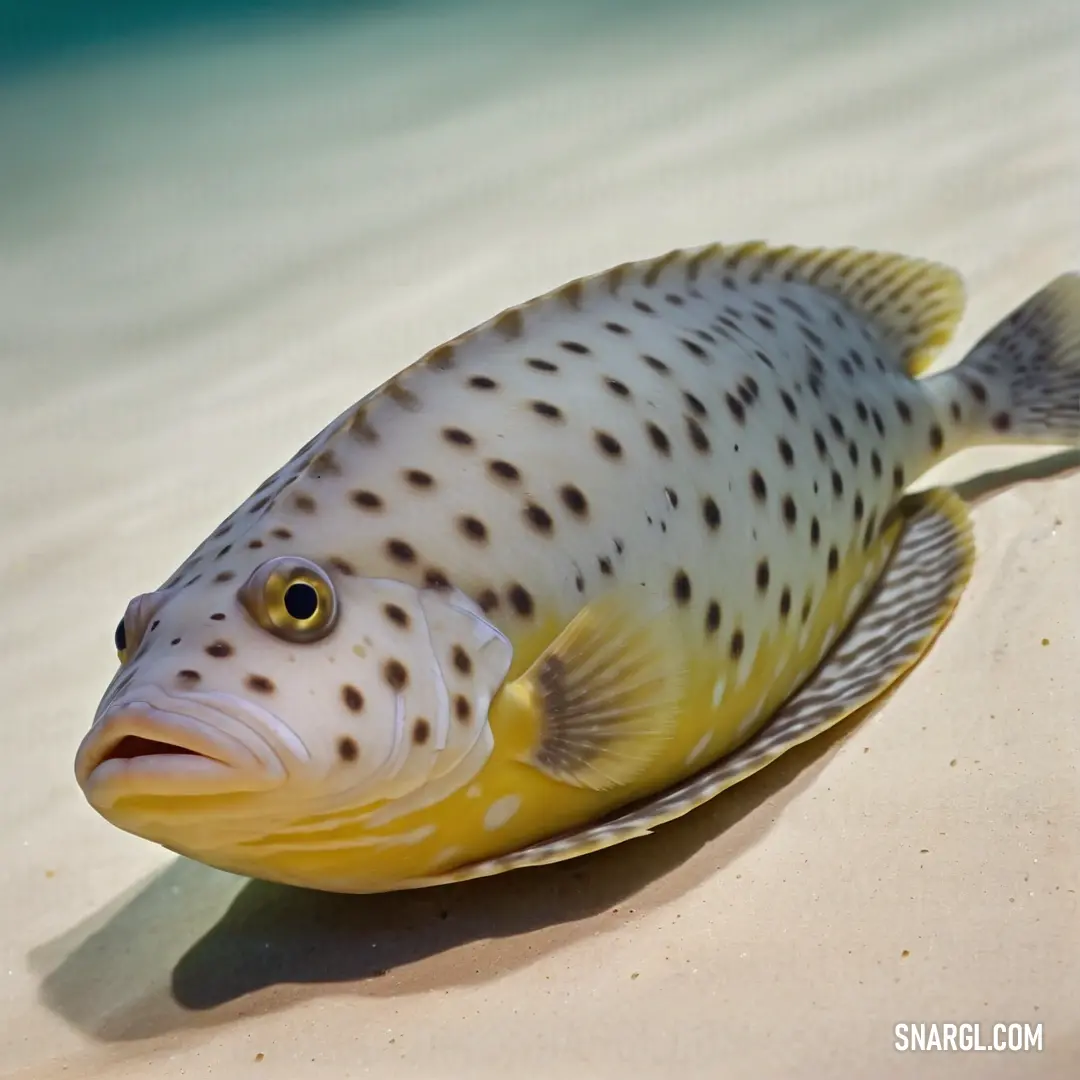 Fish with a yellow body and black spots on it's body, on a sandy beach