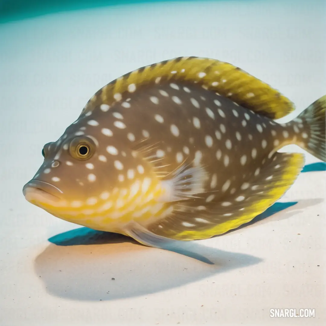 Fish with spots on it's body and a yellow tail on a white surface with a blue background