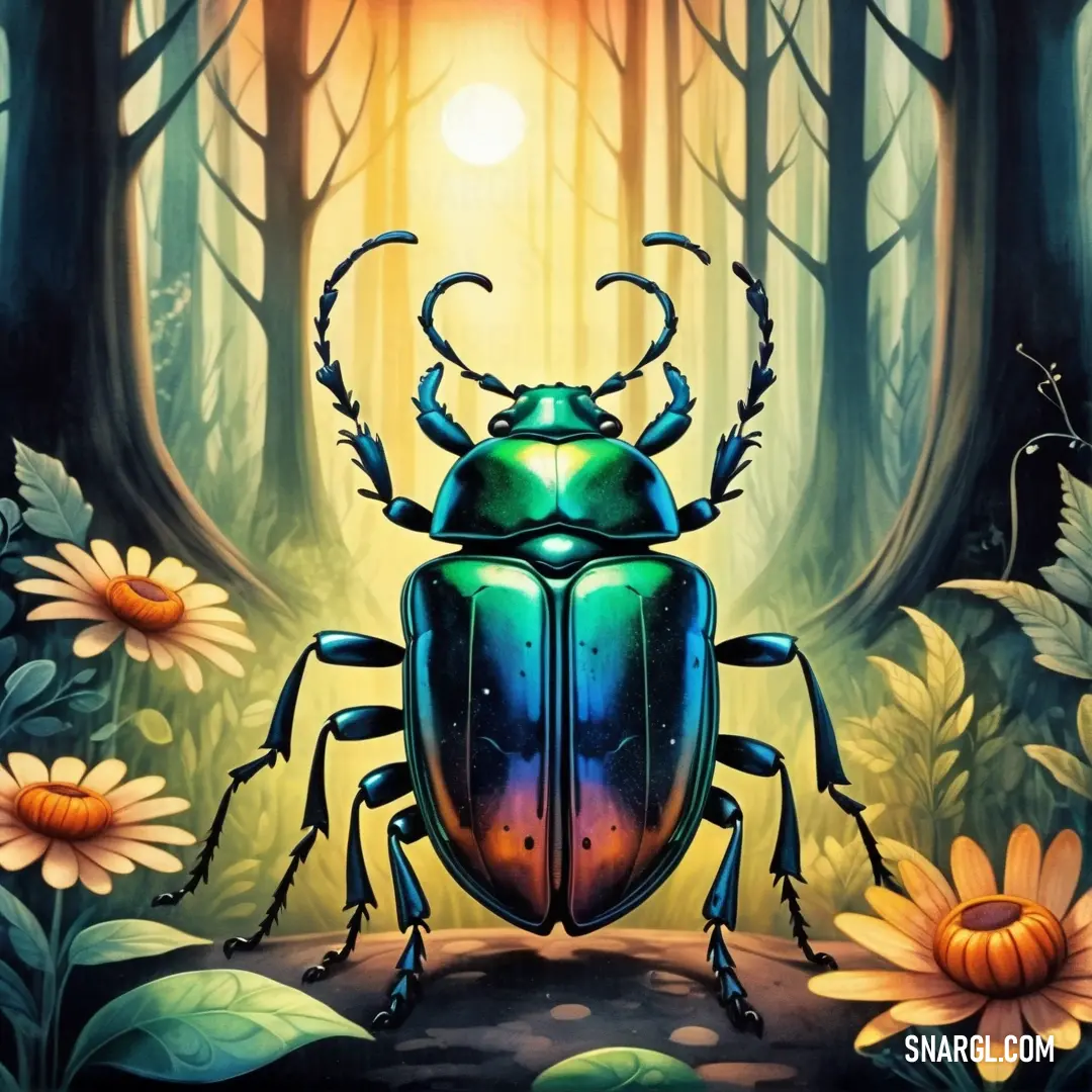 Beetle is in the middle of a forest with flowers and sun shining through the trees and leaves