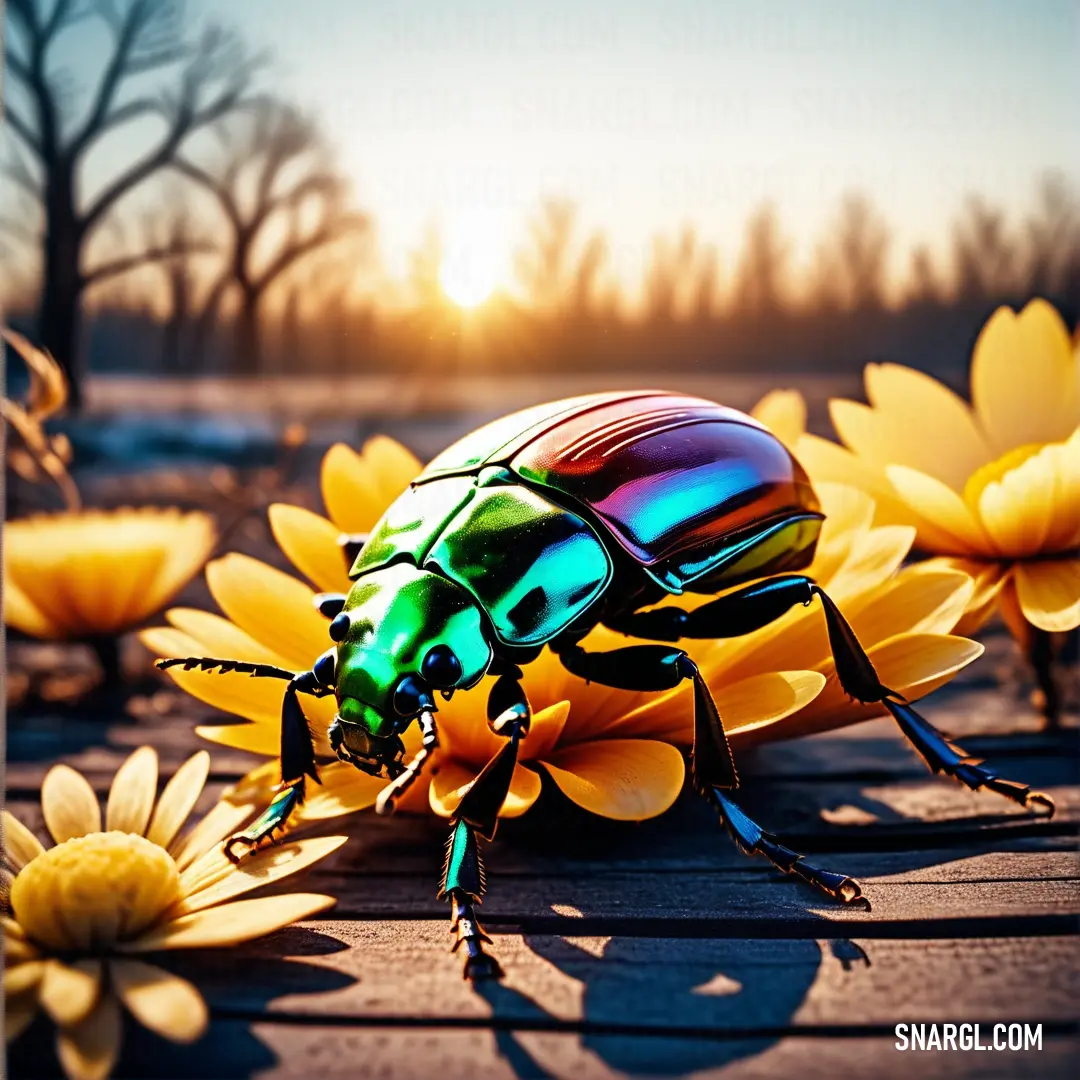 Beetle on top of a flower next to a wooden floor with yellow flowers on it's side