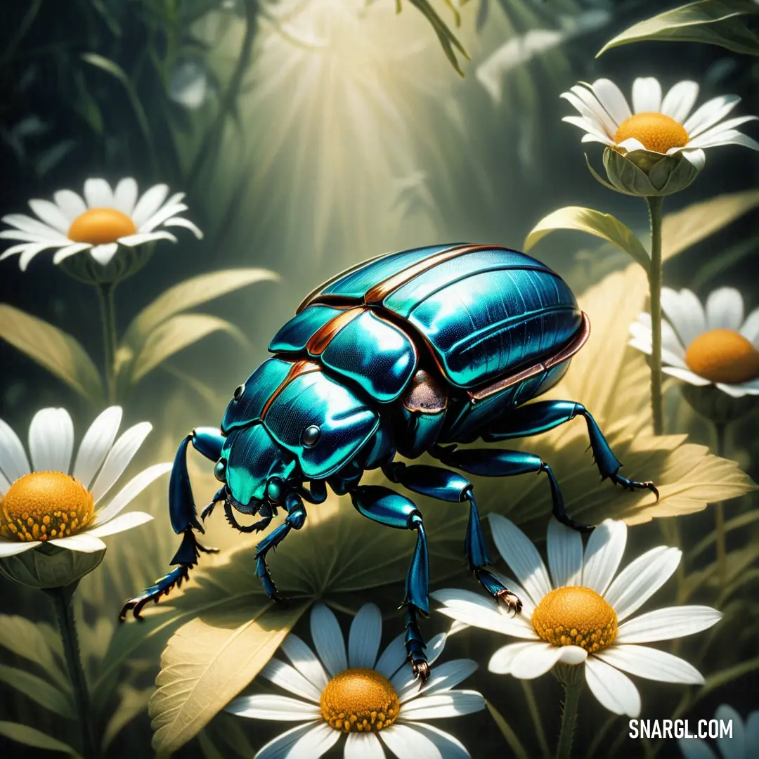 Blue beetle on top of a flower covered field of daisies and daisies in the sunlight