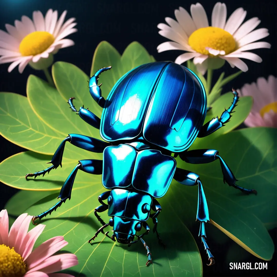 Blue beetle on top of a green leaf next to flowers and a daisy flower stem with petals
