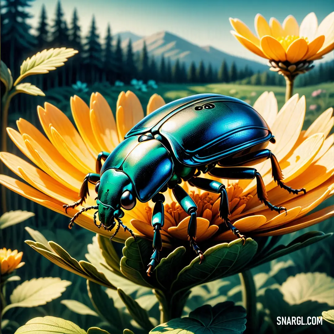 Blue beetle on top of a yellow flower in a field of flowers and trees in the background