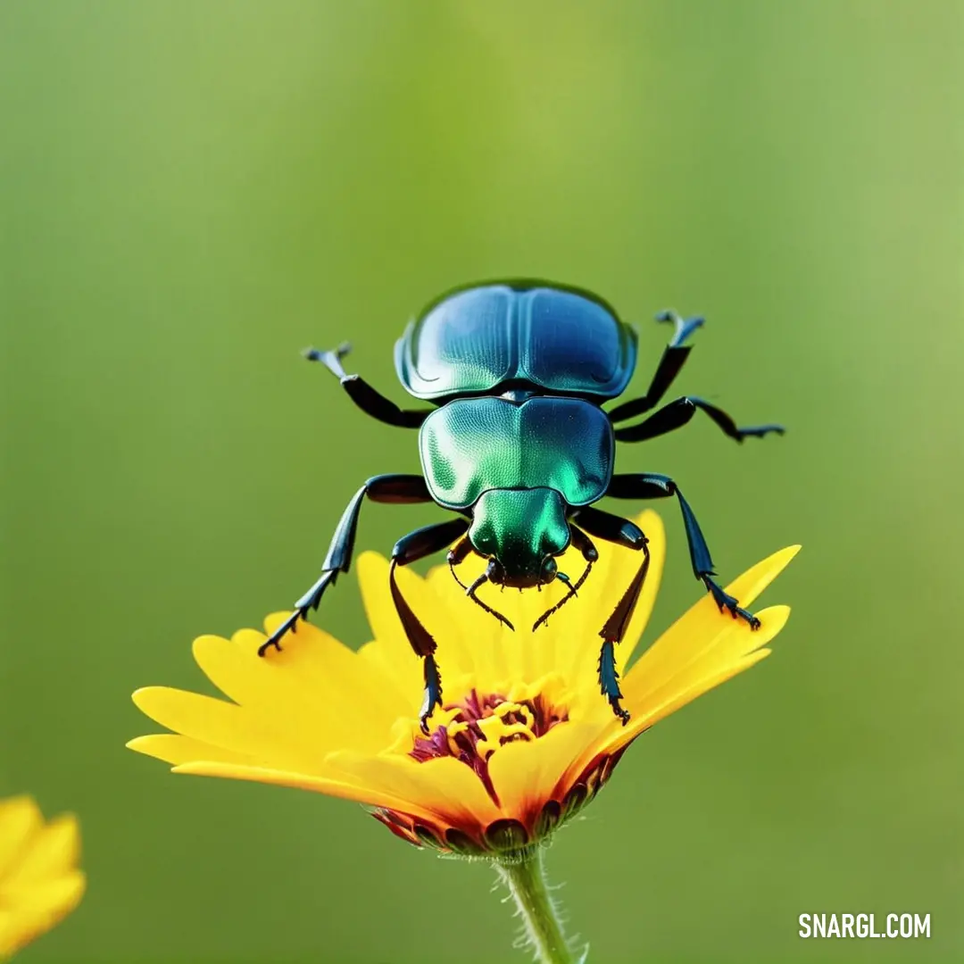 Blue beetle on top of a yellow flower on a green background