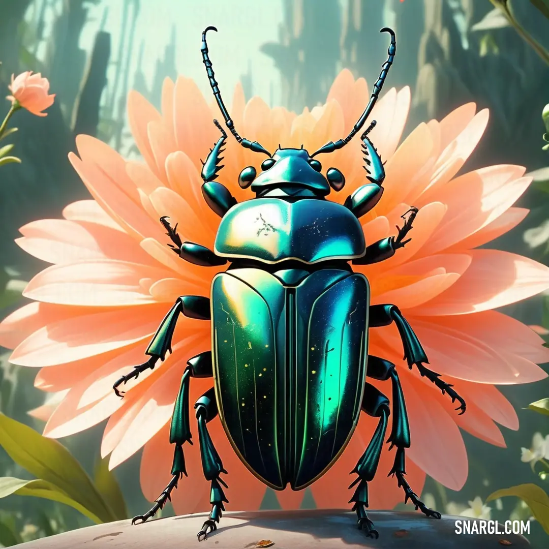 Bug with a clock on its back on a flower in a forest with flowers and plants around it