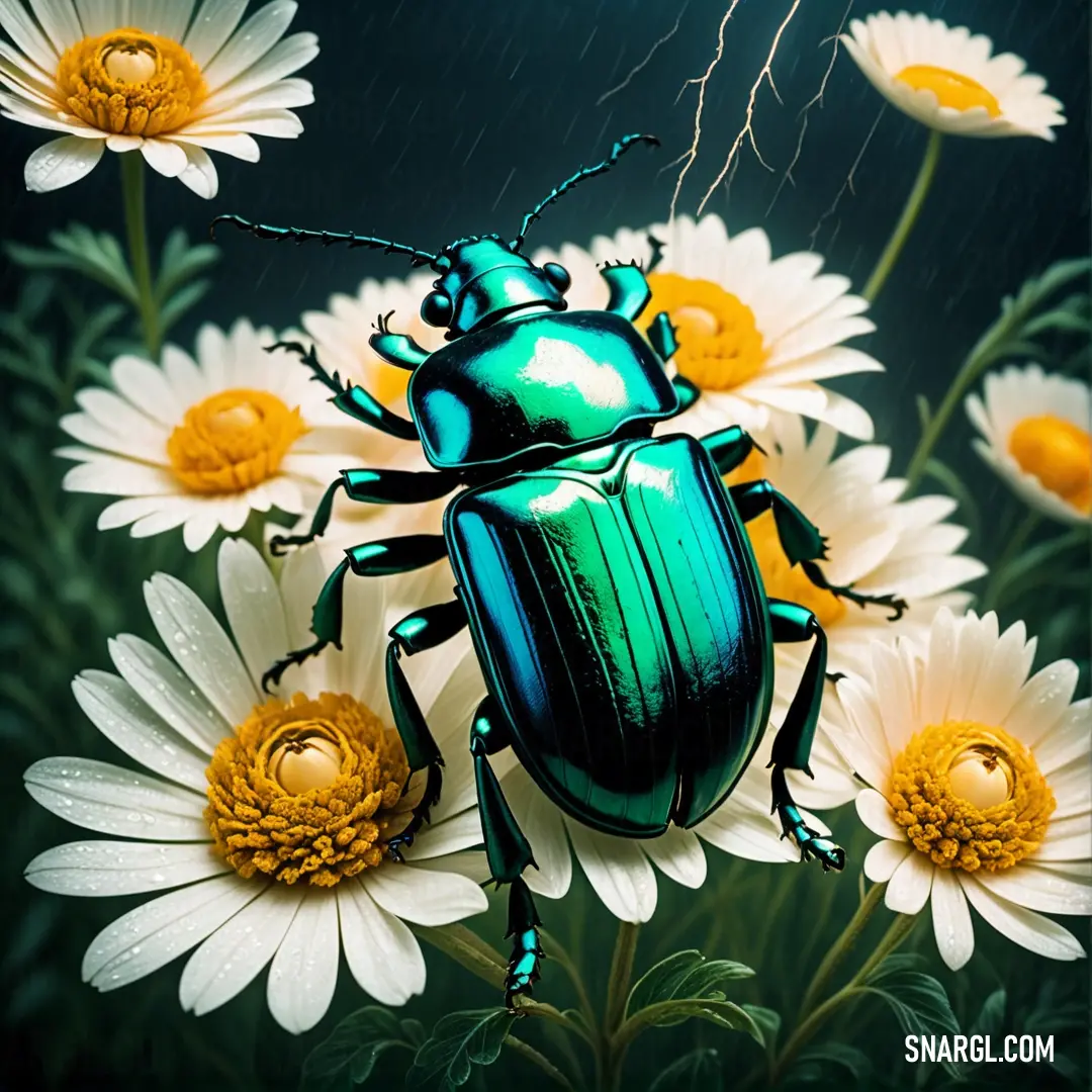 Green beetle on top of a bunch of white flowers with a lightning in the background