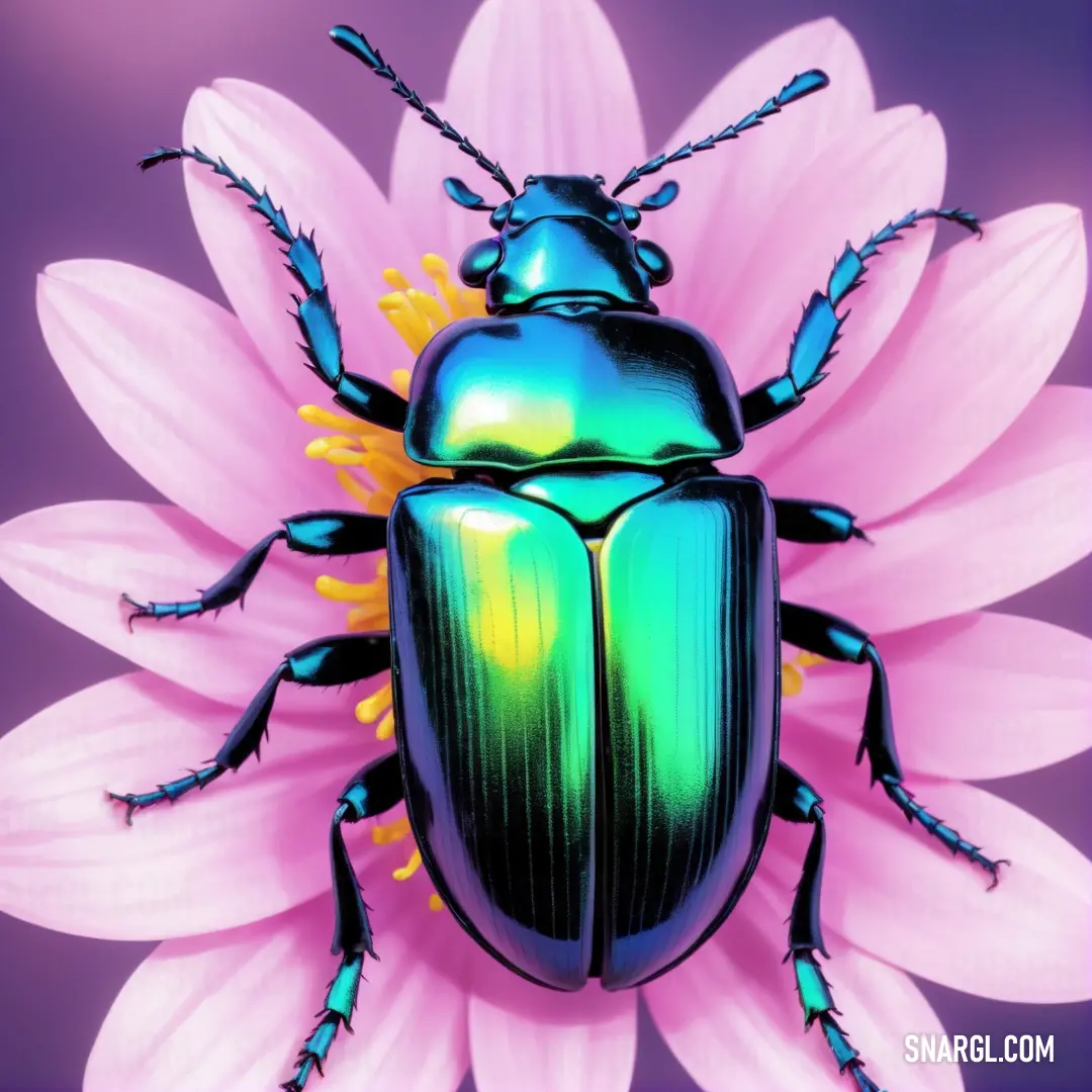 Green beetle on top of a pink flower on a purple background