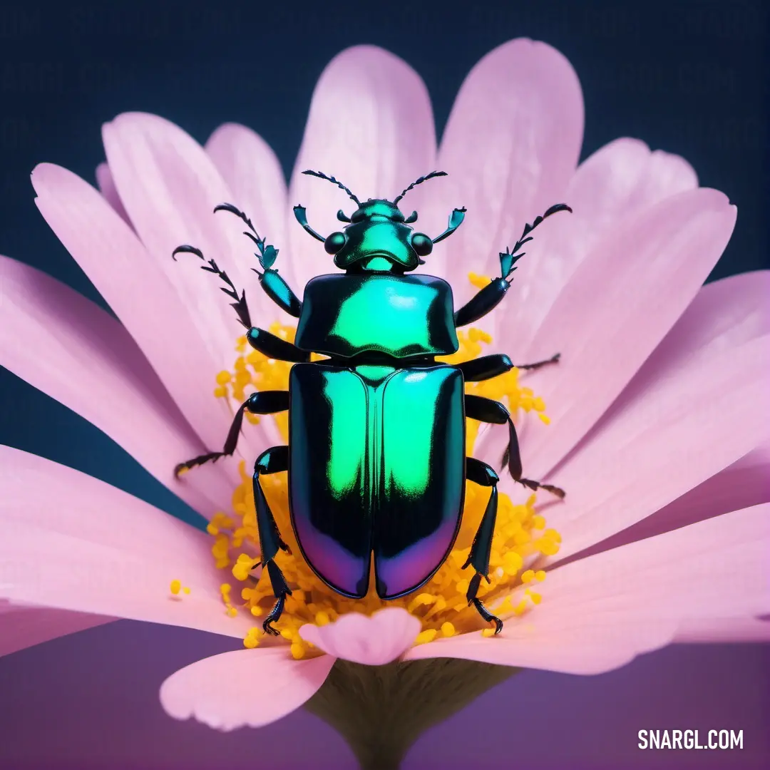 Green beetle on top of a pink flower on a purple flower stem with yellow stamens