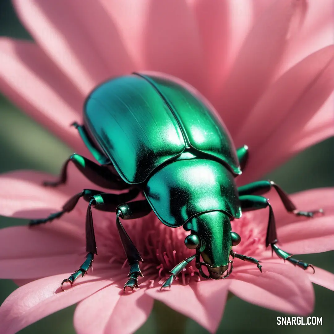Green beetle on top of a pink flower next to a pink flower with a green center piece