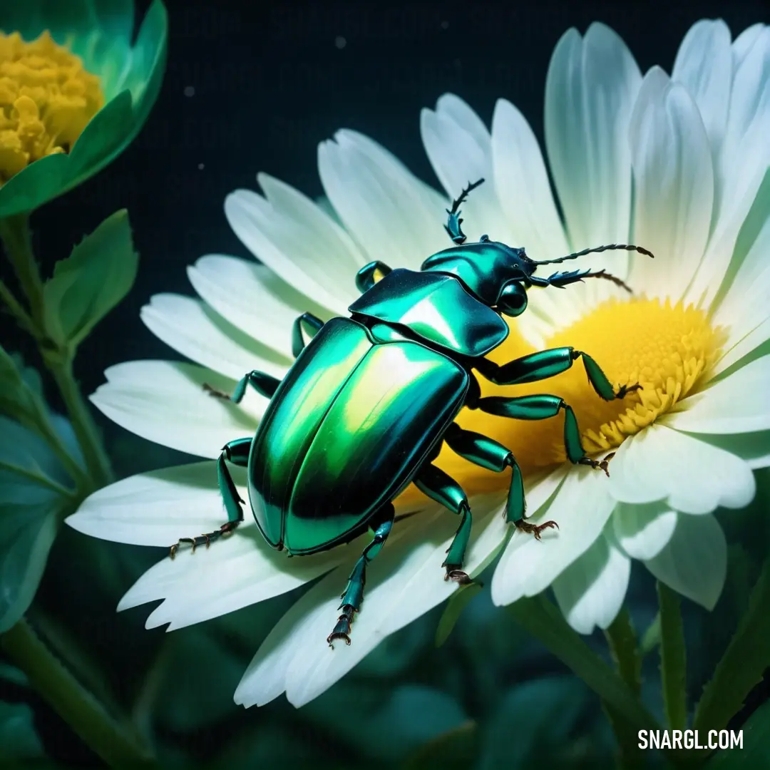 Green beetle on top of a white flower next to a yellow flower