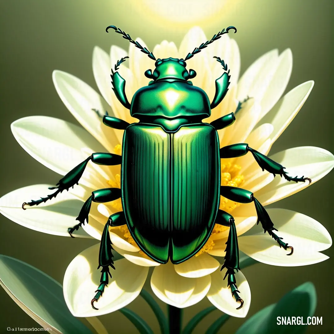 Green beetle on top of a white flower on a green background