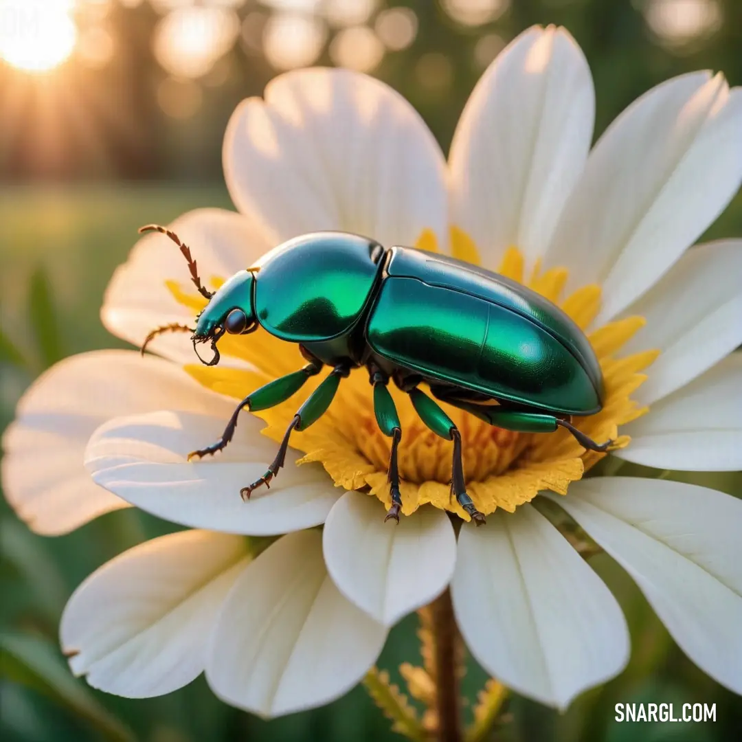 Green beetle on top of a white flower on a sunny day in the sun light of the setting sun