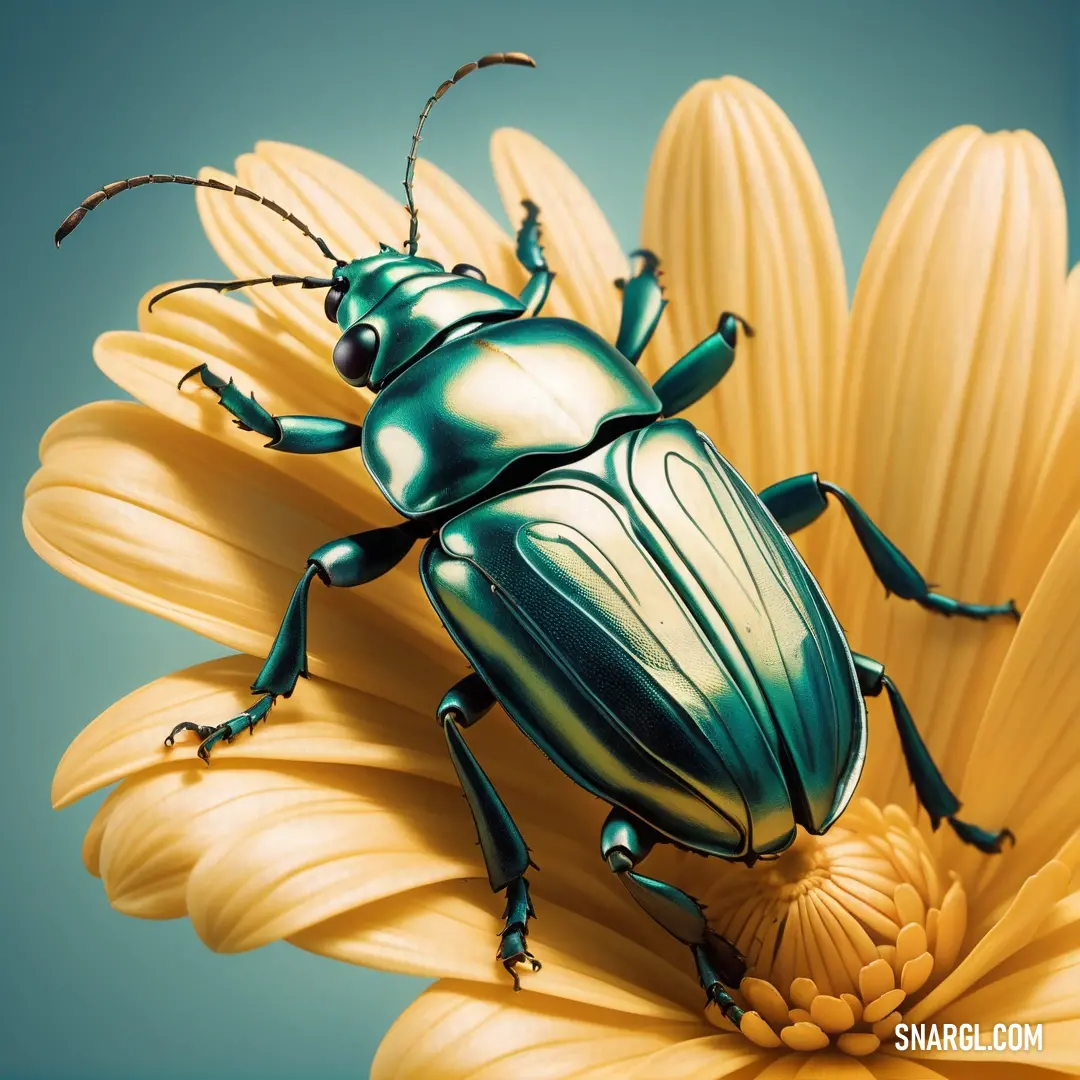 Green beetle on top of a yellow flower on a blue background