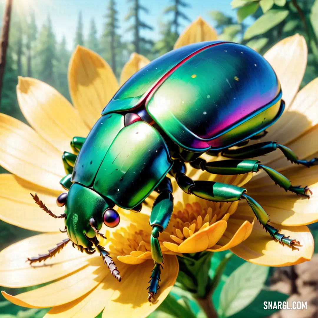 Green beetle on top of a yellow flower next to a forest filled with trees