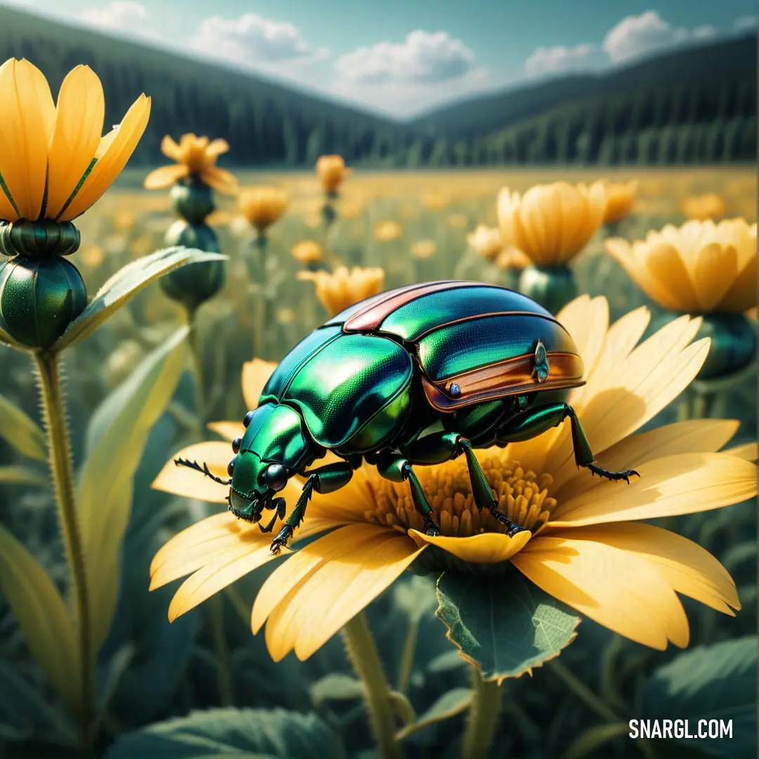Green beetle on top of a yellow flower in a field of flowers with mountains in the background