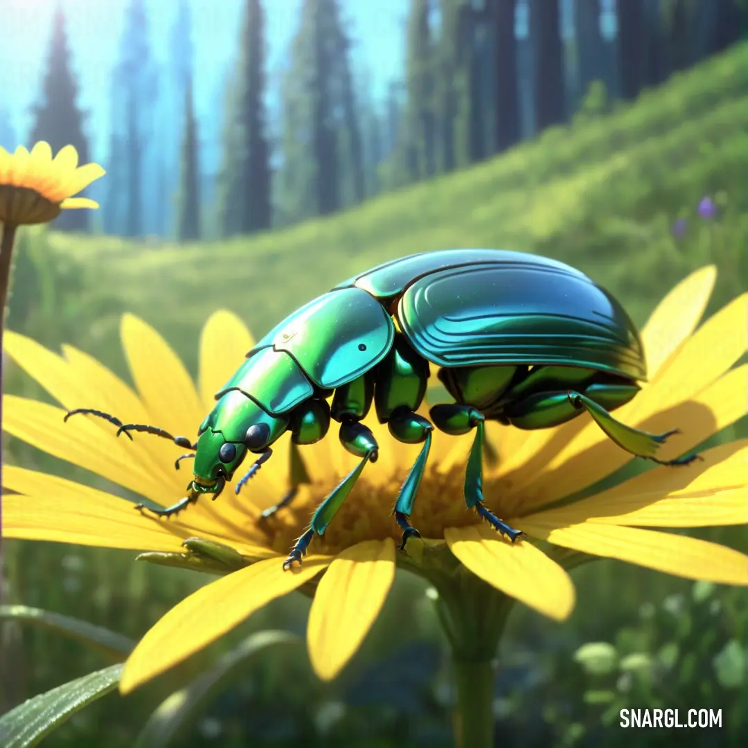 Green bug on top of a yellow flower next to a forest filled with trees and grass with yellow flowers