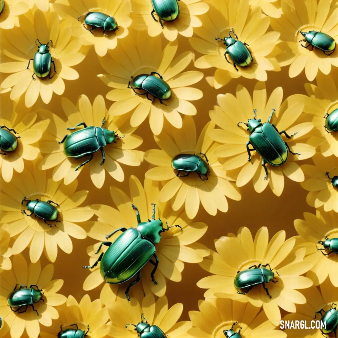 Group of green bugs on top of yellow flowers with petals on them and a yellow background