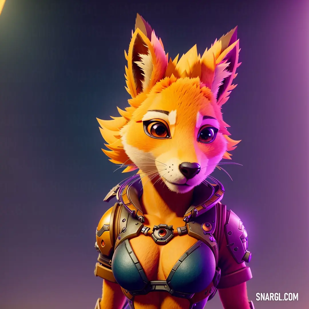 Cartoon fox with a futuristic outfit on and a purple background