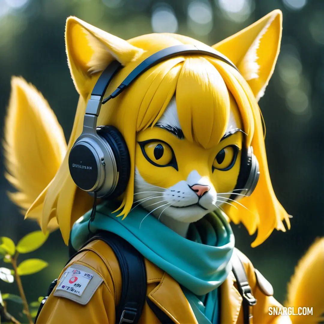 Cat with headphones and a scarf around its neck is wearing a yellow jacket. Example of Fluorescent orange color.