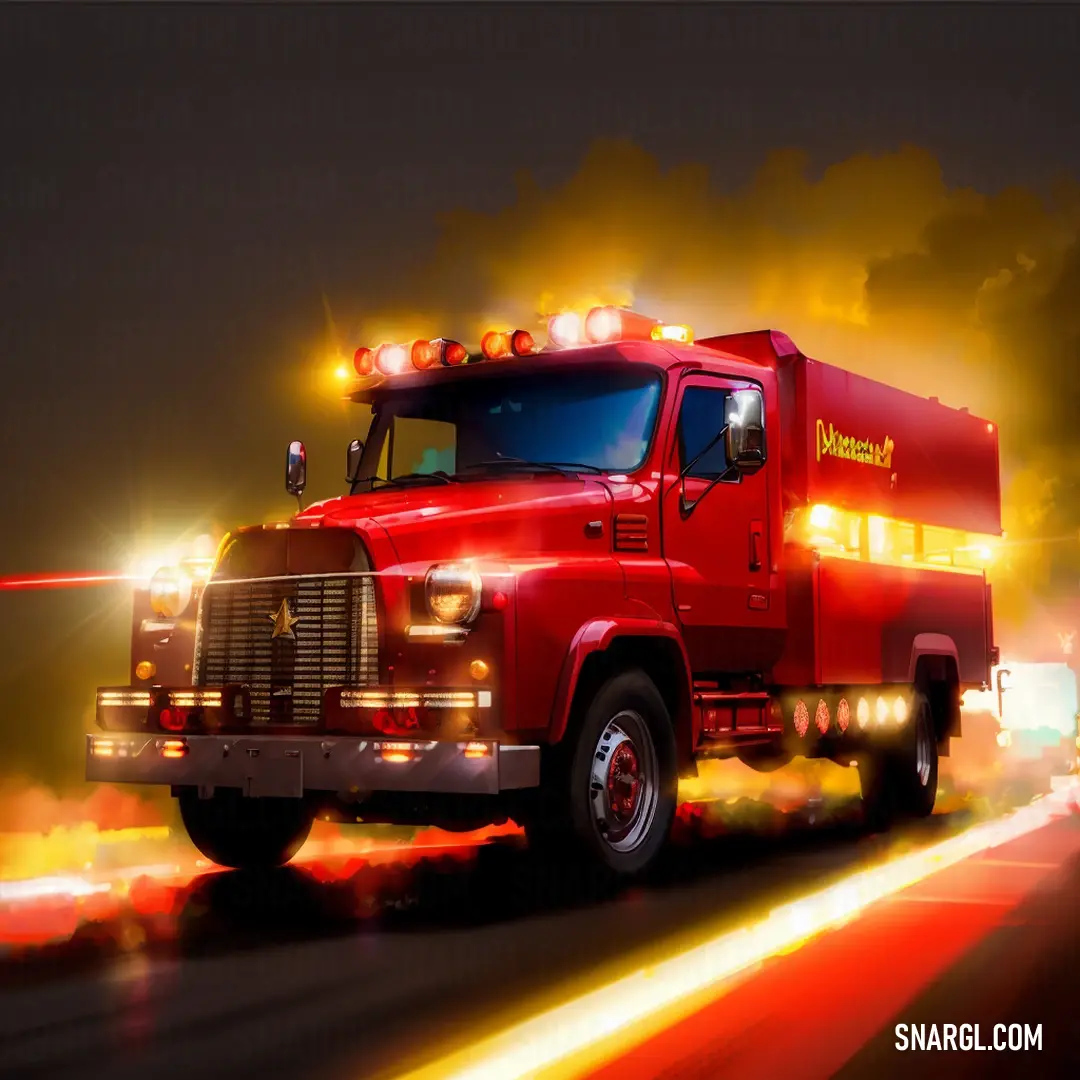 Red fire truck driving down a street at night with bright lights on the top of it's cab